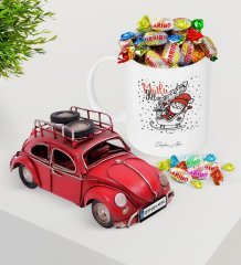 Kişiye Özel Noel Baba Plakalı Nostaljik Kırmızı Metal Vosvos ve Kupa Haribo Şeker Seti-5