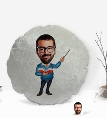 Kişiye Özel Erkek Öğretmen Karikatürlü Yuvarlak Dekoratif Kırlent Yastık-2