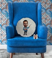 Kişiye Özel Erkek Öğretmen Karikatürlü Yuvarlak Dekoratif Kırlent Yastık-2