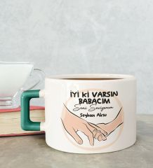 BK Gift Kişiye Özel Babalar Günü Tasarımlı Yeşil Kulplu Çay & Kahve Fincanı-10, Babaya Hediye, Babalar Günü Hediyesi