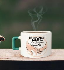 BK Gift Kişiye Özel Babalar Günü Tasarımlı Yeşil Kulplu Çay & Kahve Fincanı-10, Babaya Hediye, Babalar Günü Hediyesi
