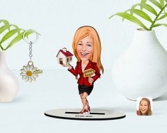 Kişiye Özel Kadın Emlakçı Karikatürlü 3D Ahşap Biblo ve İsimli Gold Papatya Anahtarlık-2