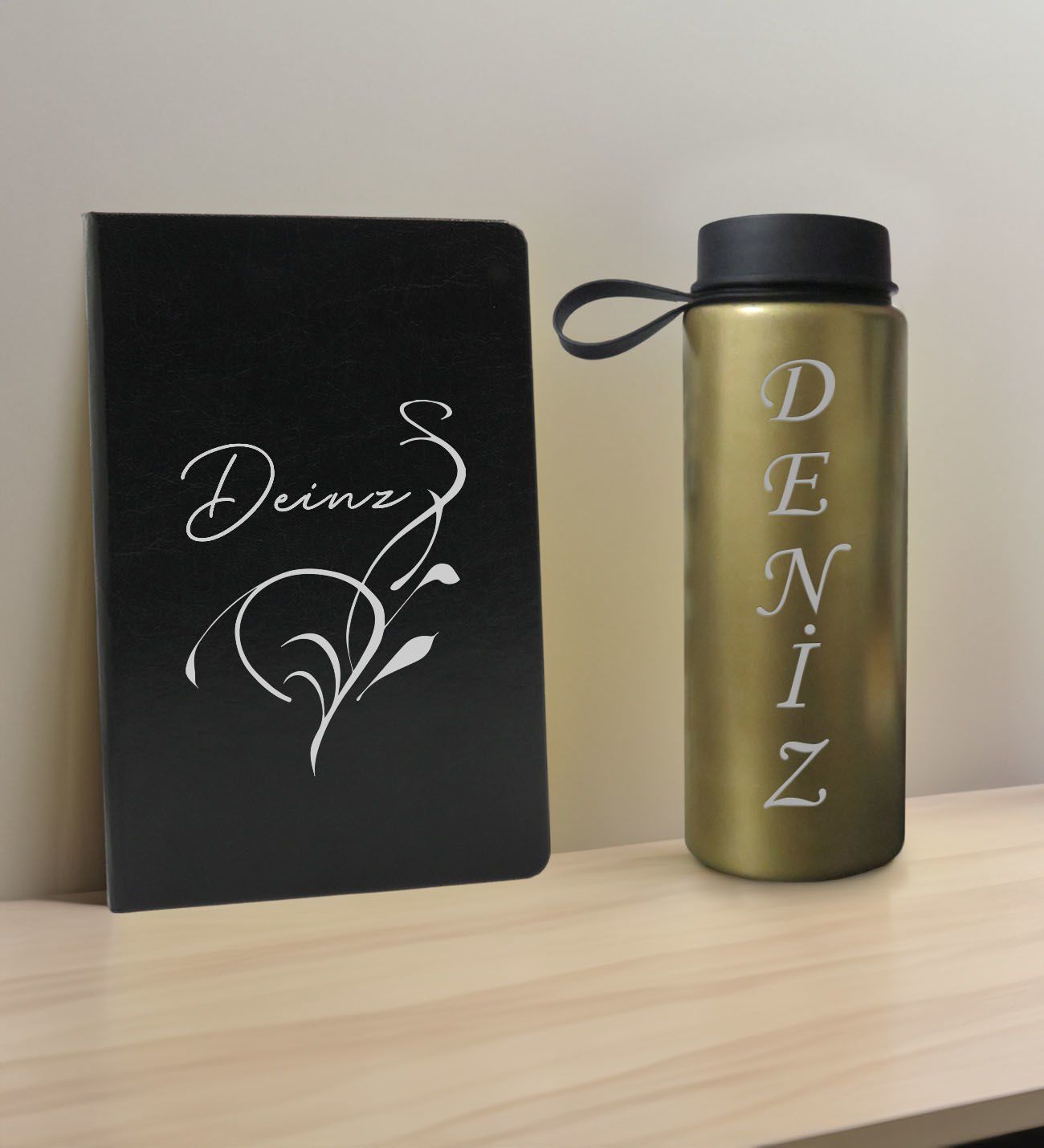 BK Gift Kişiye  Özel İsimli Siyah Defter ve Gold Cam Matara Hediye Seti-6, Sevgiliye Hediye, Arkadaşa Hediye, Yeni İş Hediyesi