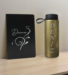 BK Gift Kişiye  Özel İsimli Siyah Defter ve Gold Cam Matara Hediye Seti-6, Sevgiliye Hediye, Arkadaşa Hediye, Yeni İş Hediyesi