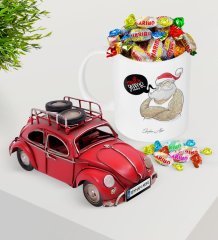 Kişiye Özel Noel Baba Plakalı Nostaljik Kırmızı Metal Vosvos ve Kupa Haribo Şeker Seti-4