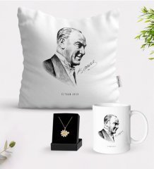 Kişiye Özel Atatürk Temalı Beyaz Kupa Yastık ve İsimli Papatya Kolye Hediye Seti-10