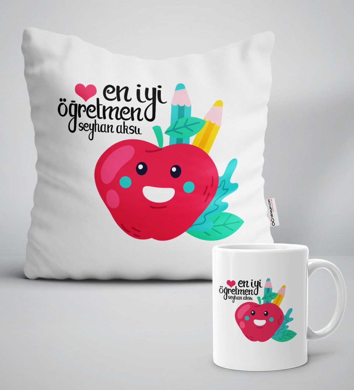 Kişiye Özel En İyi Öğretmen Beyaz Yastık Kupa Seti-11