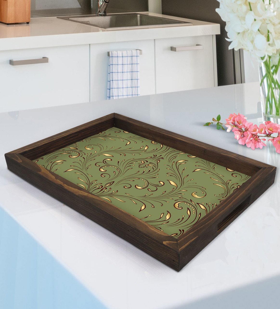 BK Gift Retro Motif Tasarımlı Doğal Ahşap Tepsi-4