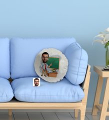 Kişiye Özel Erkek Öğretmen Karikatürlü Yuvarlak Dekoratif Kırlent Yastık-1