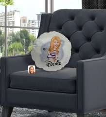 Kişiye Özel İsimli Kadın Karikatürlü Yuvarlak Dekoratif Kırlent Yastık-36