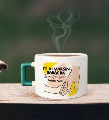 BK Gift Kişiye Özel Babalar Günü Tasarımlı Yeşil Kulplu Çay & Kahve Fincanı-9, Babaya Hediye, Babalar Günü Hediyesi