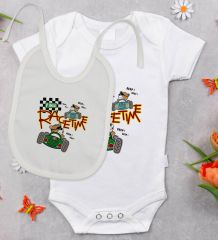 BK Kids Race Time Tasarımlı Bebek Body Zıbın ve Mama Önlüğü Hediye Seti - Model 1