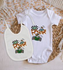 BK Kids Race Time Tasarımlı Bebek Body Zıbın ve Mama Önlüğü Hediye Seti - Model 1
