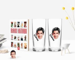 Kişiye Özel Renkli Baskılı Erkek Yüz Karikatürlü İkili Rakı Bardağı ve Rakı Cep Kitabı Hediye Seti-2