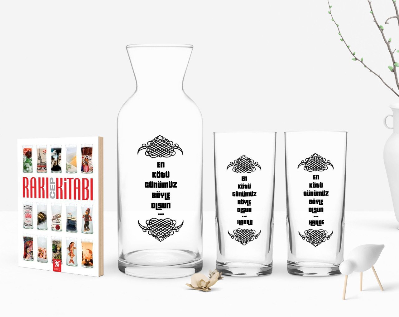 Kişiye Özel Renkli Baskılı En Kötü Günümüz Böyle Olsun Tasarımlı İkili Rakı Bardağı Karaf ve Cep Kitabı Hediye Seti-2