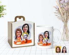 Kişiye Özel Ahşap Kutuda Anneler Günü Temalı Anne Kız Karikatürlü Beyaz Kupa Bardak-2
