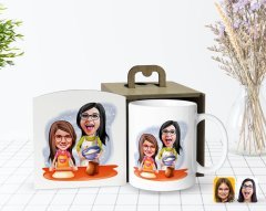 Kişiye Özel Ahşap Kutuda Anneler Günü Temalı Anne Kız Karikatürlü Beyaz Kupa Bardak-2