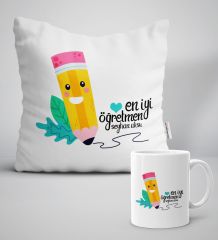 Kişiye Özel En İyi Öğretmen Beyaz Yastık Kupa Seti-10