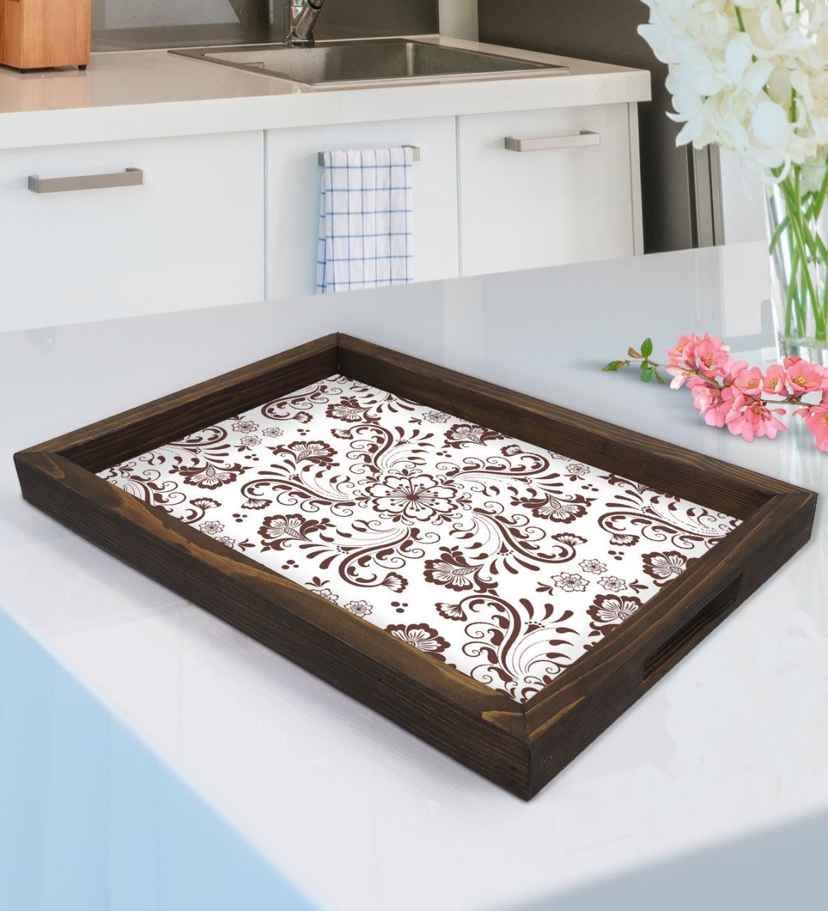 BK Gift Retro Motif Tasarımlı Doğal Ahşap Tepsi-3