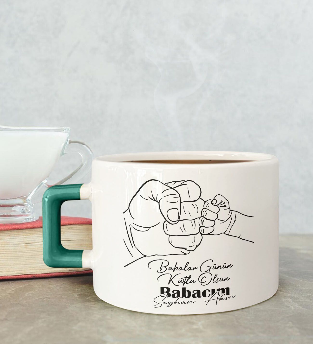 BK Gift Kişiye Özel Babalar Günü Tasarımlı Yeşil Kulplu Çay & Kahve Fincanı-8, Babaya Hediye, Babalar Günü Hediyesi