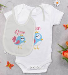 BK Kids Queen Tasarımlı Bebek Body Zıbın ve Mama Önlüğü Hediye Seti - Model 1