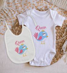BK Kids Queen Tasarımlı Bebek Body Zıbın ve Mama Önlüğü Hediye Seti - Model 1