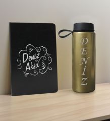 BK Gift Kişiye  Özel İsimli Siyah Defter ve Gold Cam Matara Hediye Seti-4, Sevgiliye Hediye, Arkadaşa Hediye, Yeni İş Hediyesi