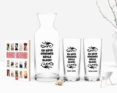 Kişiye Özel Renkli Baskılı En Kötü Günümüz Böyle Olsun Tasarımlı İkili Rakı Bardağı Karaf ve Cep Kitabı Hediye Seti-1