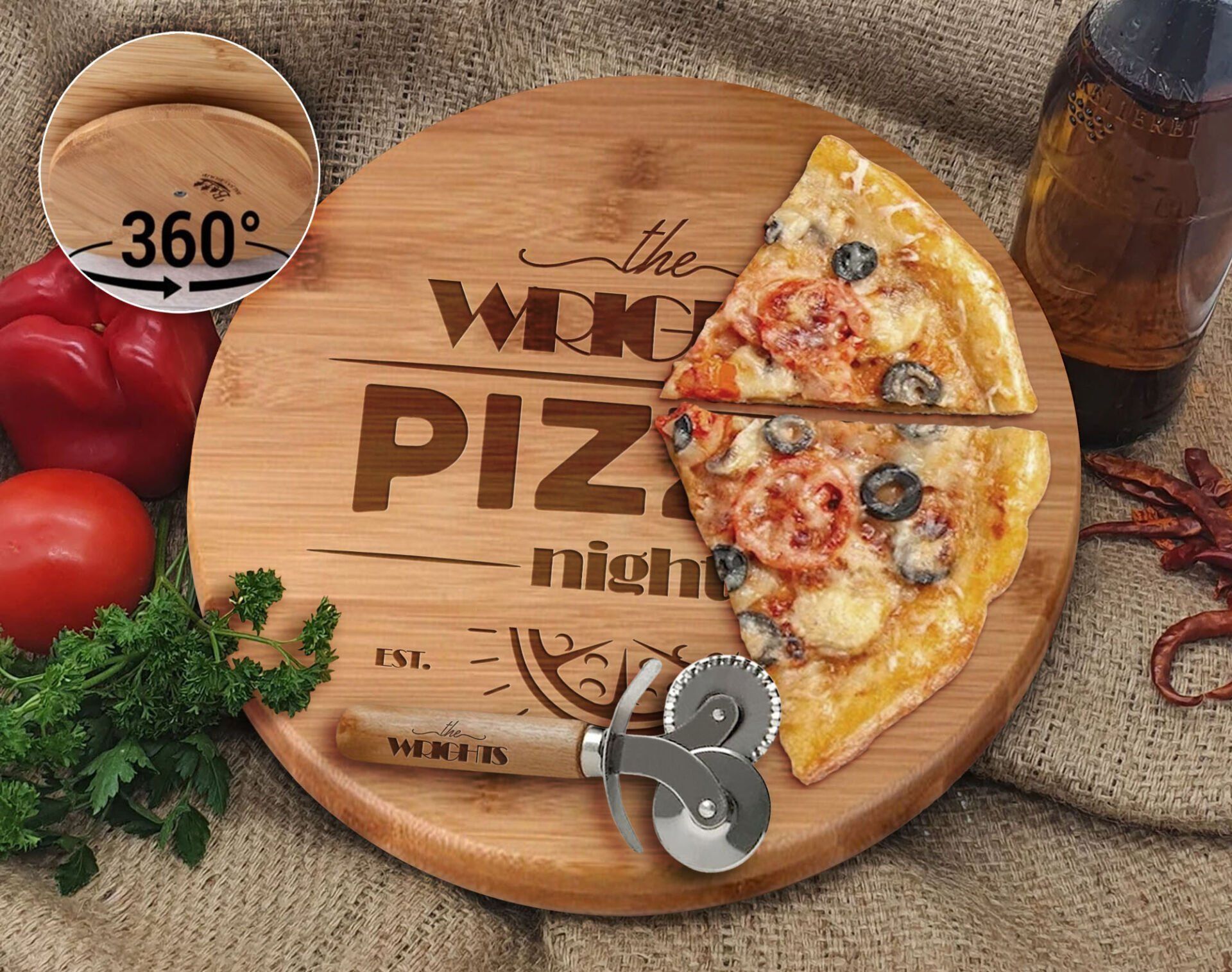 BK Gift Kişiye Özel İsimli Bambu Ahşap Döner Tablalı Pizza Tahtası-4, Pizza Kesme Tahtası Seti, Şarküteri Tahtası, Servis Tepsisi, Ahşap Tabak, Eve Taşınma Hediyesi