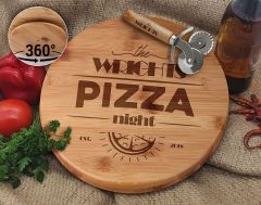 BK Gift Kişiye Özel İsimli Bambu Ahşap Döner Tablalı Pizza Tahtası-4, Pizza Kesme Tahtası Seti, Şarküteri Tahtası, Servis Tepsisi, Ahşap Tabak, Eve Taşınma Hediyesi