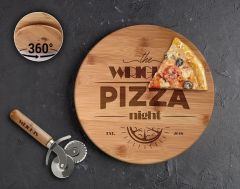 BK Gift Kişiye Özel İsimli Bambu Ahşap Döner Tablalı Pizza Tahtası-4, Pizza Kesme Tahtası Seti, Şarküteri Tahtası, Servis Tepsisi, Ahşap Tabak, Eve Taşınma Hediyesi