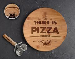 BK Gift Kişiye Özel İsimli Bambu Ahşap Döner Tablalı Pizza Tahtası-4, Pizza Kesme Tahtası Seti, Şarküteri Tahtası, Servis Tepsisi, Ahşap Tabak, Eve Taşınma Hediyesi