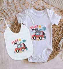 BK Kids Play Time Tasarımlı Bebek Body Zıbın ve Mama Önlüğü Hediye Seti - Model 1