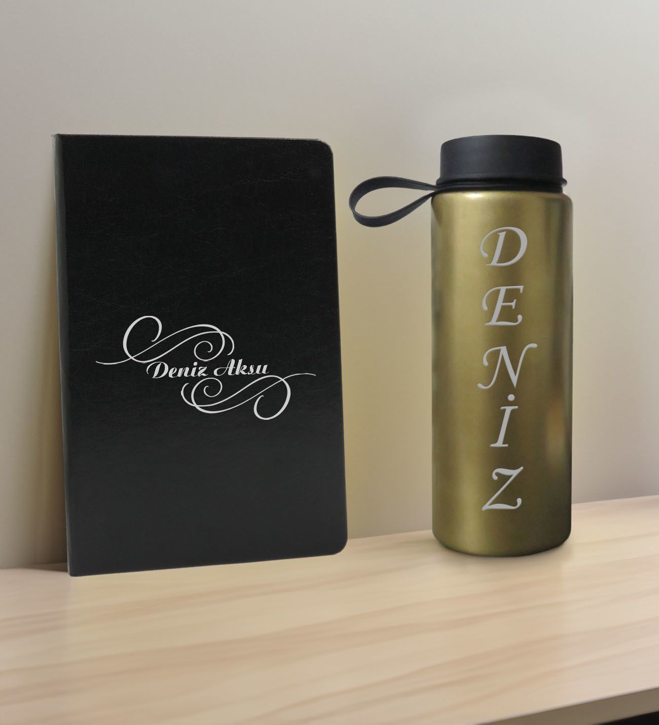 BK Gift Kişiye  Özel İsimli Siyah Defter ve Gold Cam Matara Hediye Seti-3, Sevgiliye Hediye, Arkadaşa Hediye, Yeni İş Hediyesi