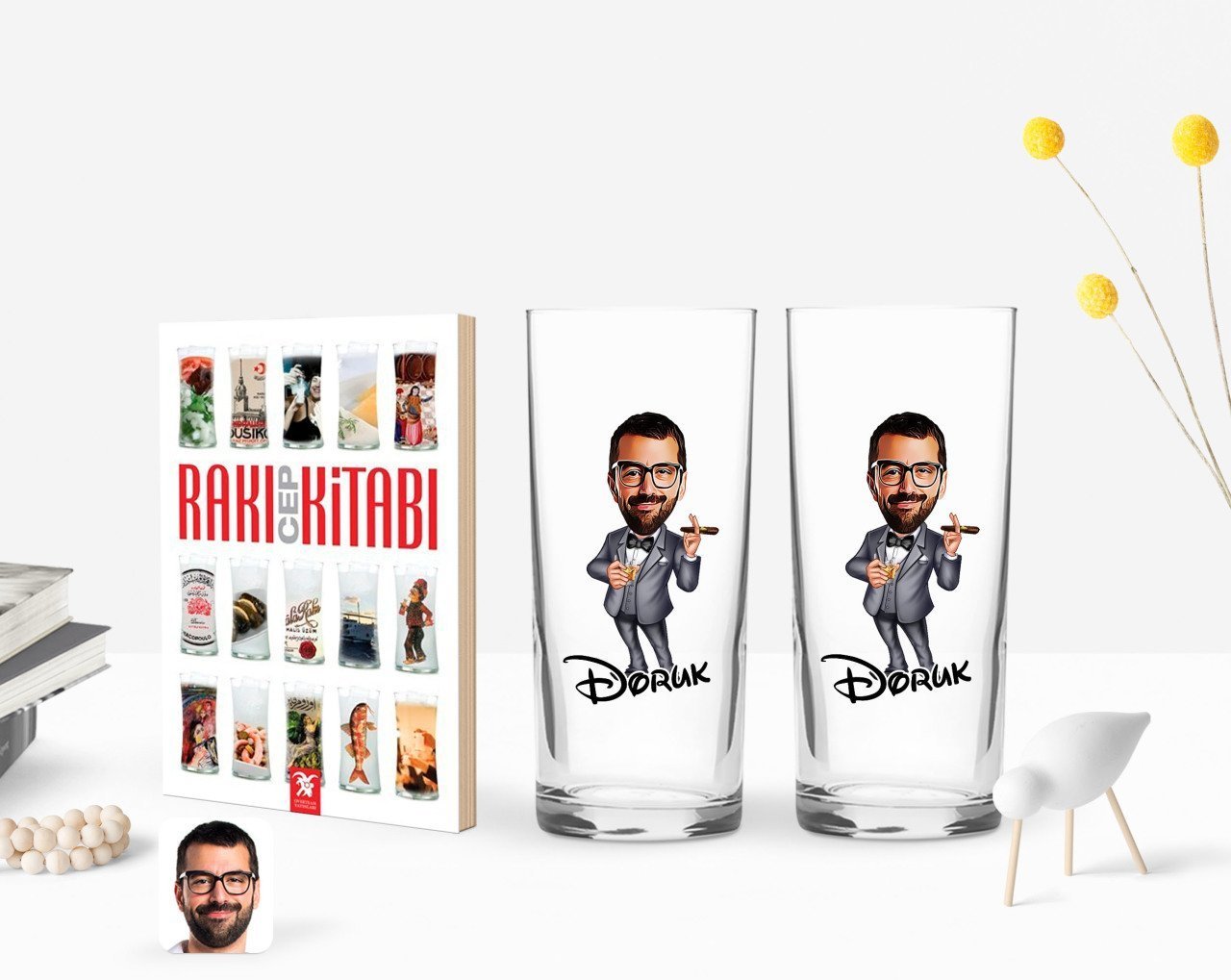 Kişiye Özel Renkli Baskılı Erkek Patron Karikatürlü İkili Rakı Bardağı ve Rakı Cep Kitabı Hediye Seti-3