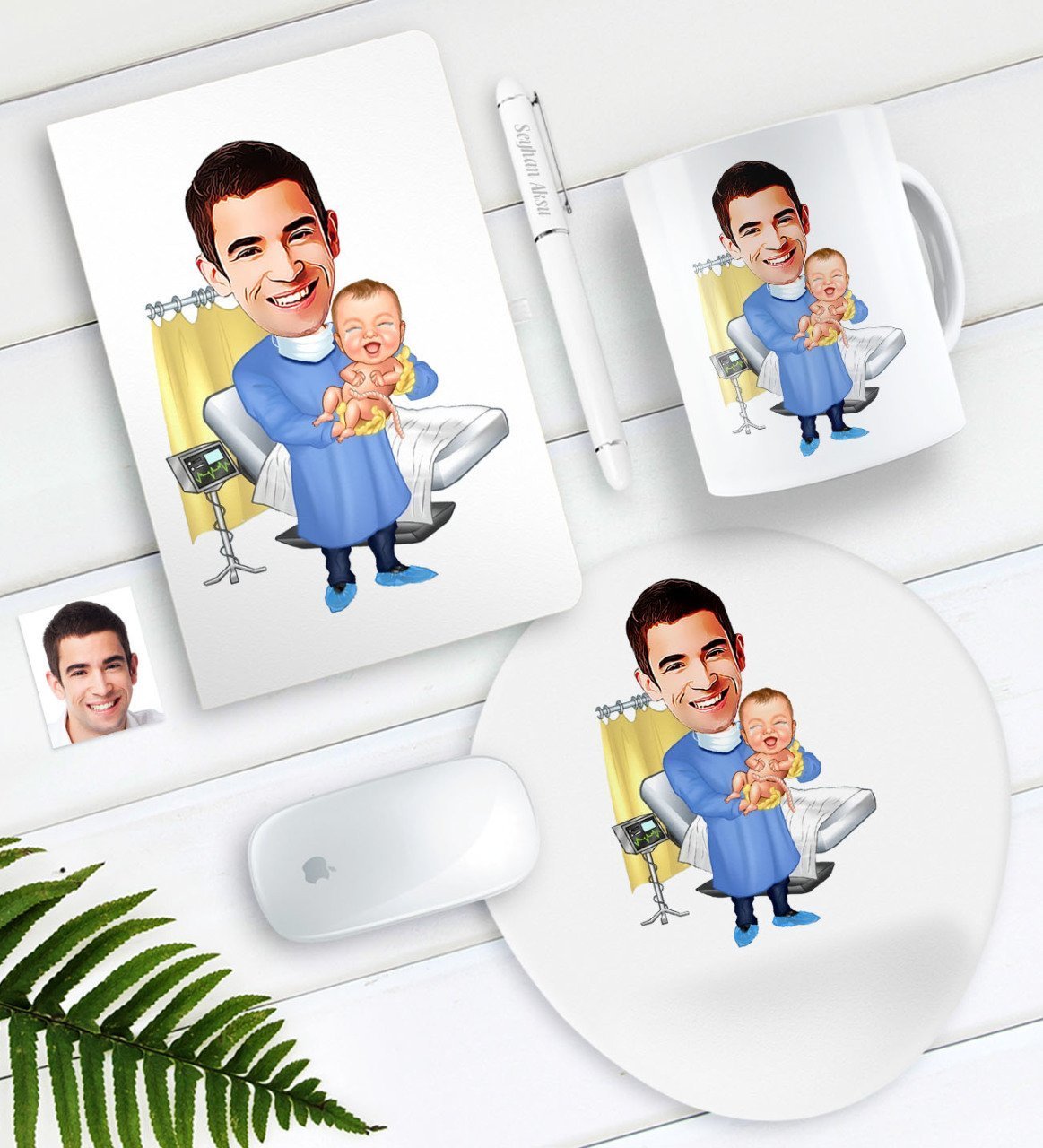 Kişiye Özel Bay Doğum Uzmanı Karikatürlü Defter Kalem Kupa Mouse Pad Seti