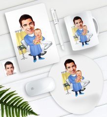 Kişiye Özel Bay Doğum Uzmanı Karikatürlü Defter Kalem Kupa Mouse Pad Seti