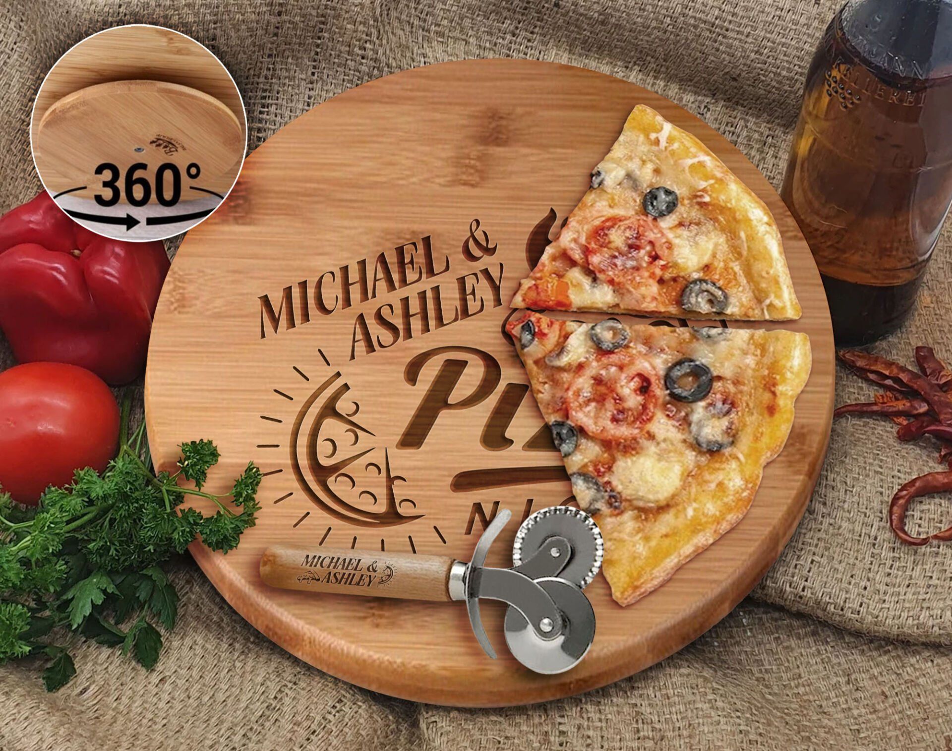 BK Gift Kişiye Özel İsimli Bambu Ahşap Döner Tablalı Pizza Tahtası-3, Pizza Kesme Tahtası Seti, Şarküteri Tahtası, Servis Tepsisi, Ahşap Tabak, Eve Taşınma Hediyesi
