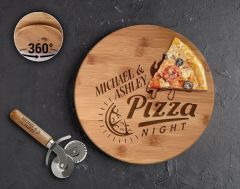 BK Gift Kişiye Özel İsimli Bambu Ahşap Döner Tablalı Pizza Tahtası-3, Pizza Kesme Tahtası Seti, Şarküteri Tahtası, Servis Tepsisi, Ahşap Tabak, Eve Taşınma Hediyesi