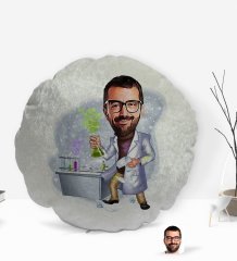 Kişiye Özel Erkek Kimya Öğretmeni Karikatürlü Yuvarlak Dekoratif Kırlent Yastık-2