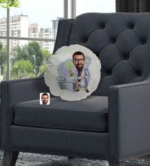 Kişiye Özel Erkek Kimya Öğretmeni Karikatürlü Yuvarlak Dekoratif Kırlent Yastık-2