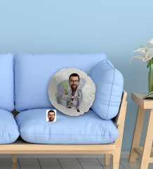 Kişiye Özel Erkek Kimya Öğretmeni Karikatürlü Yuvarlak Dekoratif Kırlent Yastık-2