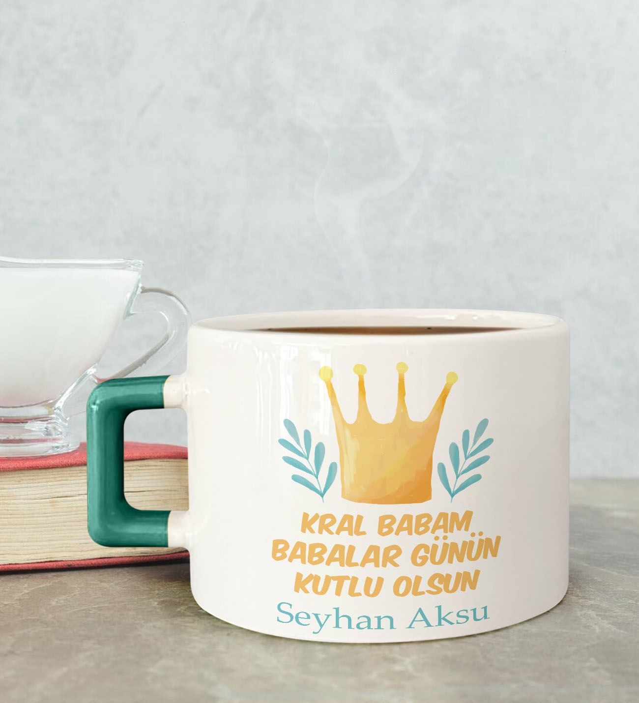 BK Gift Kişiye Özel Babalar Günü Tasarımlı Yeşil Kulplu Çay & Kahve Fincanı-6, Babaya Hediye, Babalar Günü Hediyesi