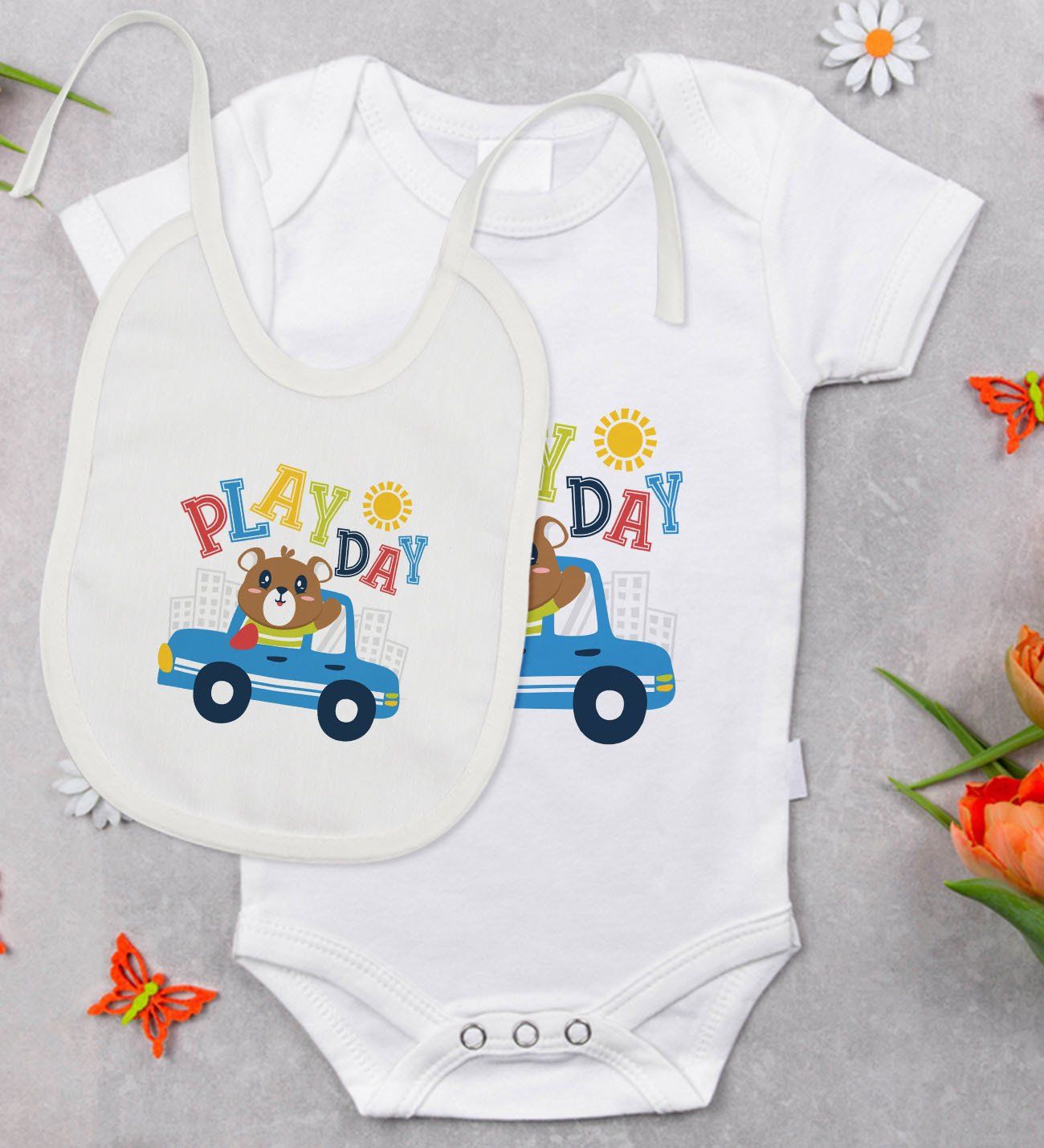 BK Kids Play Day Tasarımlı Bebek Body Zıbın ve Mama Önlüğü Hediye Seti - Model 1