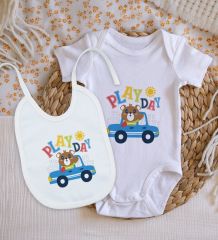 BK Kids Play Day Tasarımlı Bebek Body Zıbın ve Mama Önlüğü Hediye Seti - Model 1