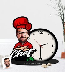 Kişiye Özel Bay Chef Karikatürlü Ahşap Masaüstü Saat-10