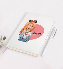 Kişiye Özel Kadın Moda Mini Fare Karikatürlü Beyaz Defter ve Kalem Hediye Seti-1