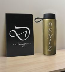 BK Gift Kişiye  Özel İsimli Siyah Defter ve Gold Cam Matara Hediye Seti-2, Sevgiliye Hediye, Arkadaşa Hediye, Yeni İş Hediyesi