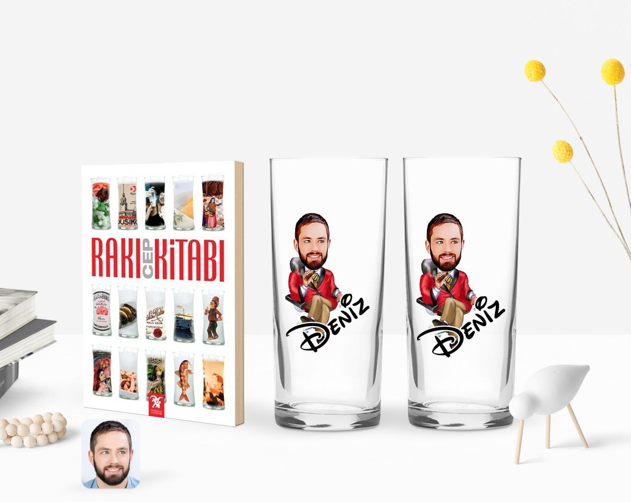 Kişiye Özel Renkli Baskılı Erkek Patron Karikatürlü İkili Rakı Bardağı ve Rakı Cep Kitabı Hediye Seti-2