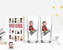 Kişiye Özel Renkli Baskılı Erkek Patron Karikatürlü İkili Rakı Bardağı ve Rakı Cep Kitabı Hediye Seti-2